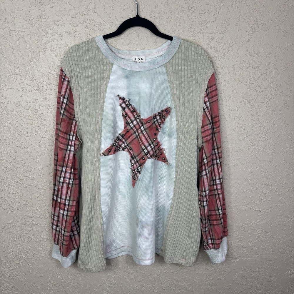 POL Distressed Star Patchwork Top Shirt Oversized Small Plaid Grunge Boho Slouch